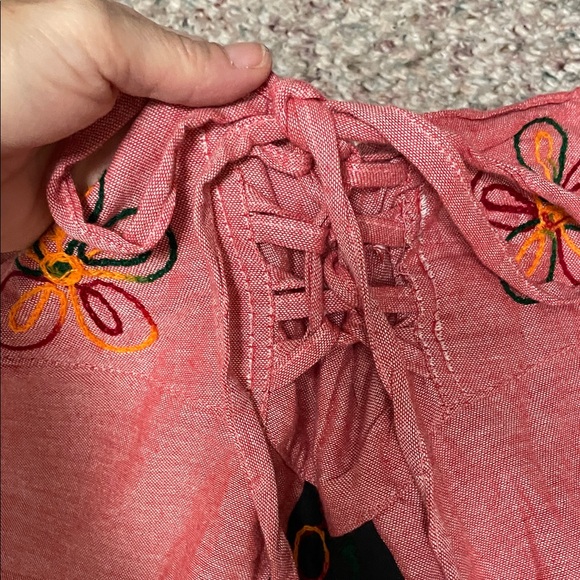 Vintage Nepalese drawstring waist red Wide-Leg Pants with Embroidered Trim - Picture 2 of 11